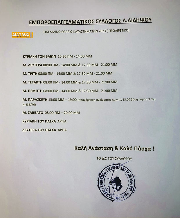 Πασχαλινό Ωράριο καταστημάτων Λουτρών Αιδηψού